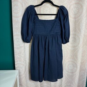 Abercrombie & Fitch NWT Navy Blue Smocked Puff Sleeve Linen Cotton Mini Dress XS